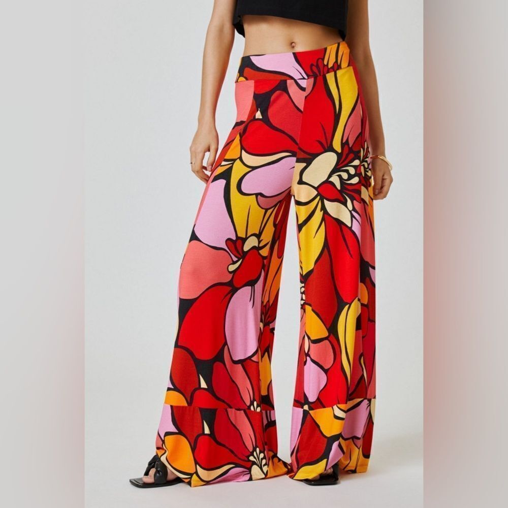 Farm Rio Womens S/P Anthropologie Wide Leg Printed Pants Floral Pull On Colorful